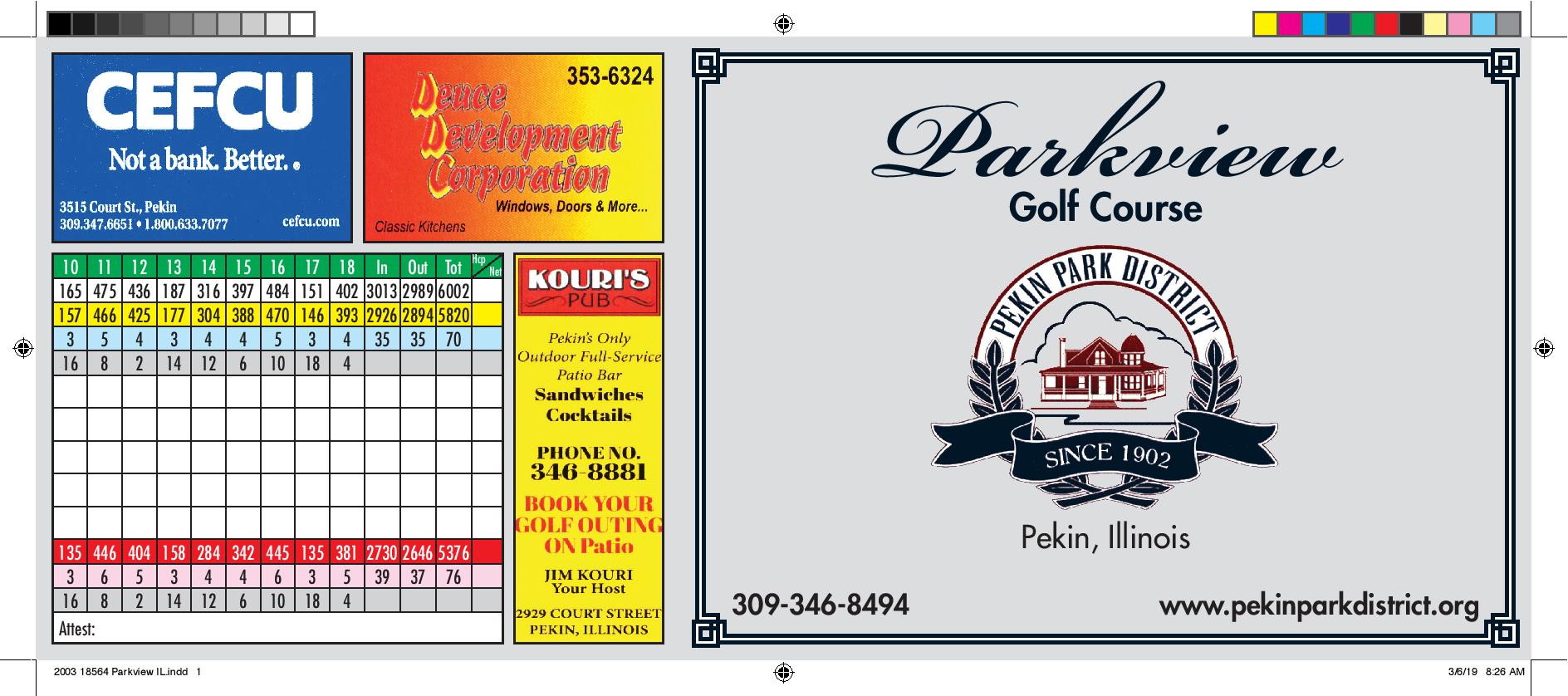 Scorecard Parkview Golf Course