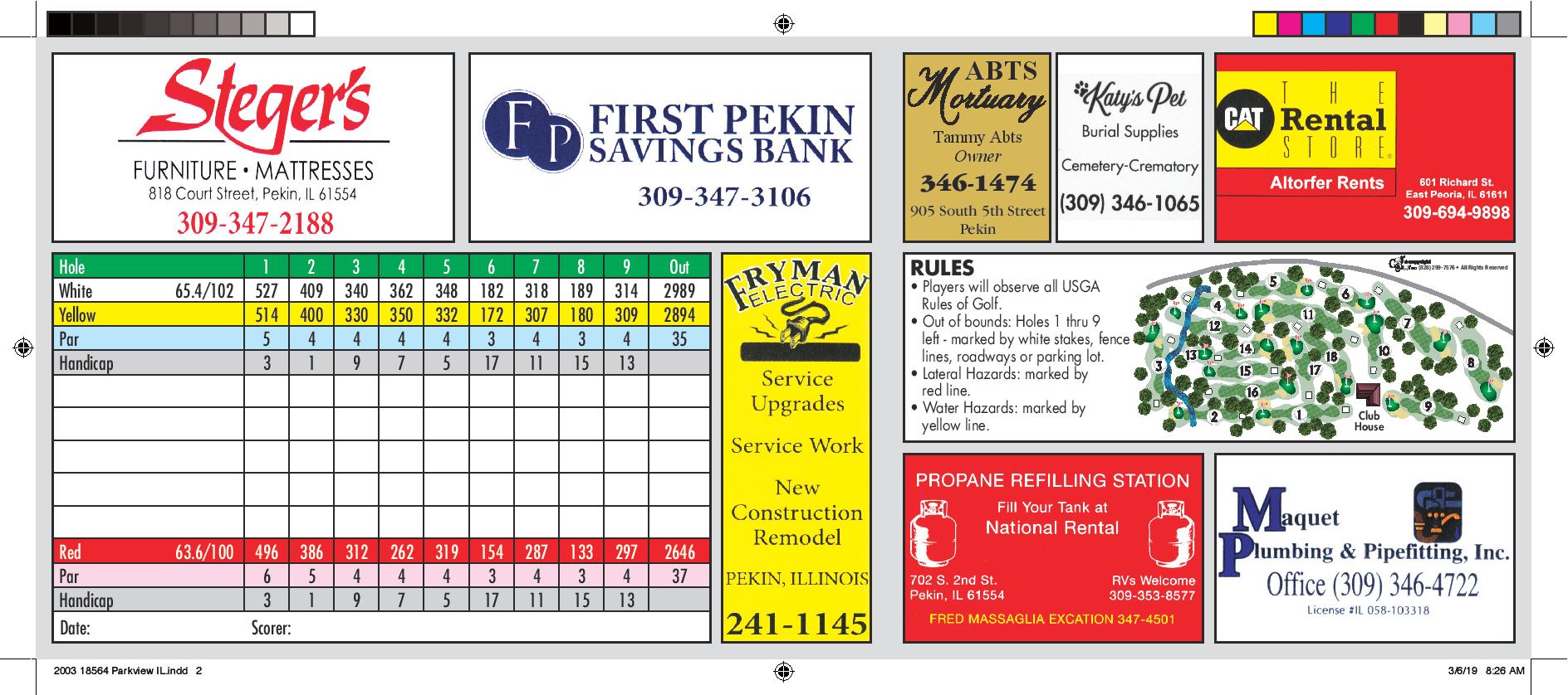 Scorecard Parkview Golf Course